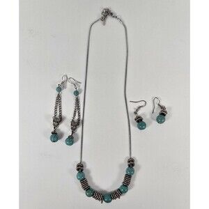 Turquoise Necklace and Earring Set Simulated Stones Silver Tone